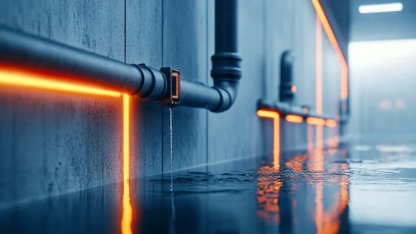 Close-up of pipe with water leaking onto floor.