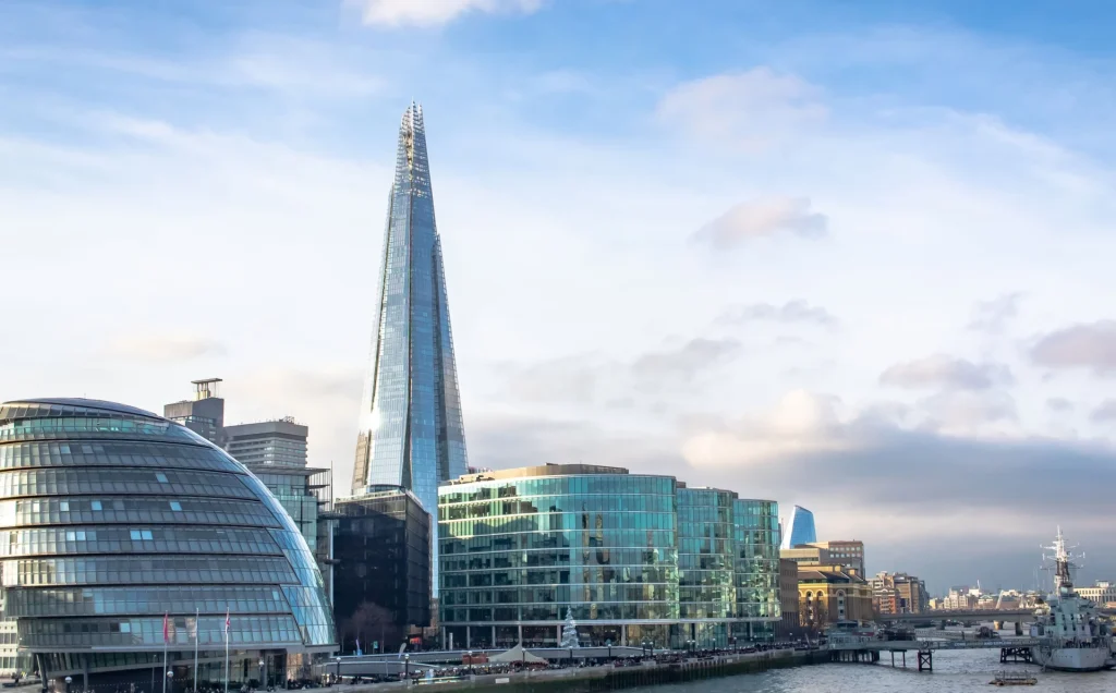 Shard building with surrounding buildings and river.